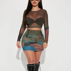 Fashion Nova Sheer Multicolor Crop Top with Matching Skirt